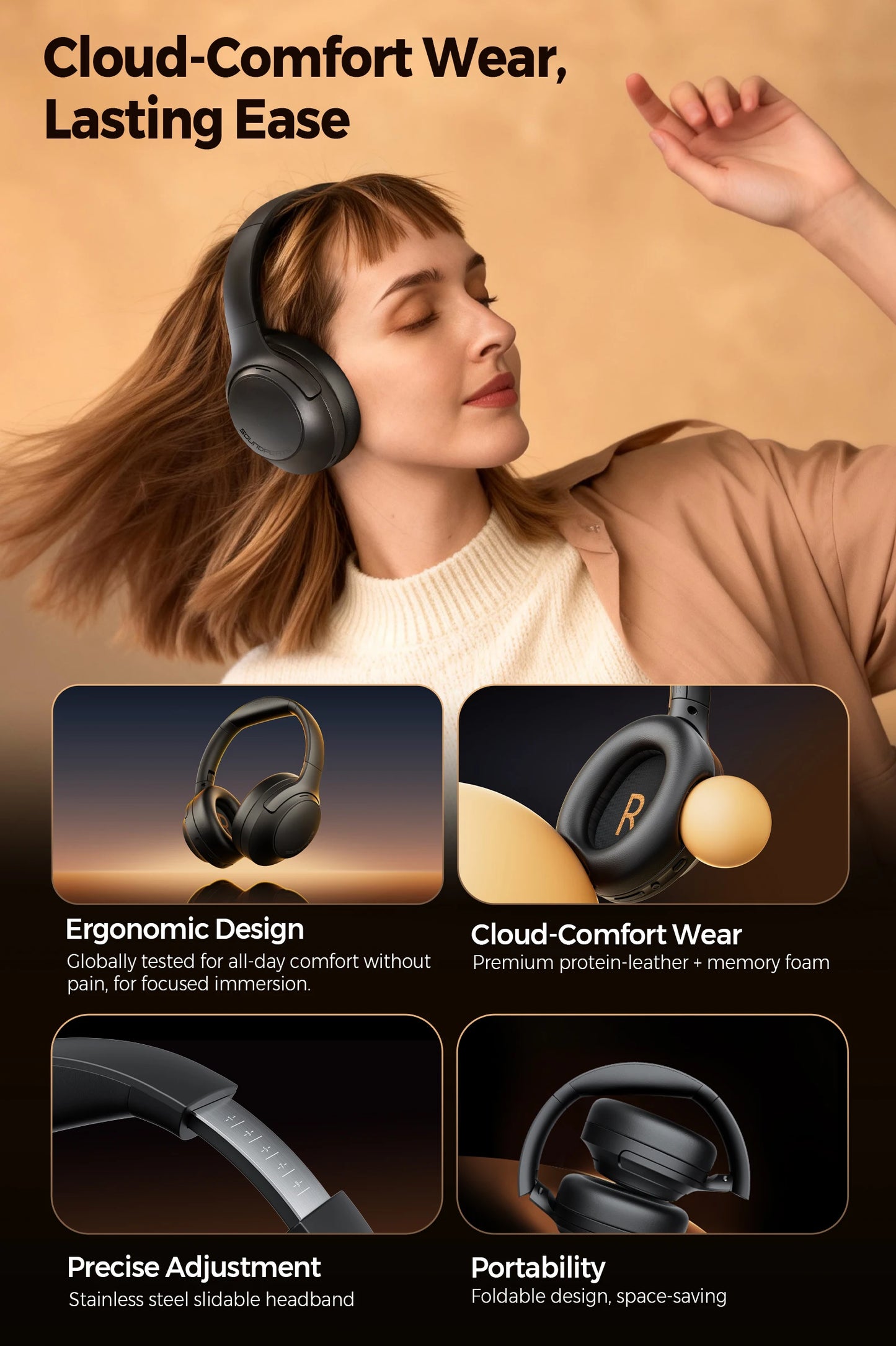 SoundPEATS Cove Pro Headphones Bluetooth 6.0 -56dB ANC, Noise-Cancelling Headset, Hi-Res LDAC Lossless Audio, 95H Battery, 7-Mic