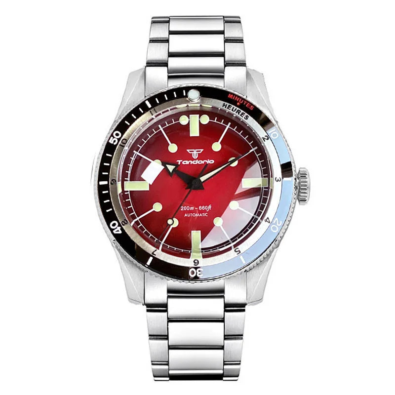 Tandorio NH35A PT5000 Mechanical Mens Watch 20BAR Waterproof Sapphire Luminous Red Black Dial Stainless Steel Bracelet New Clock