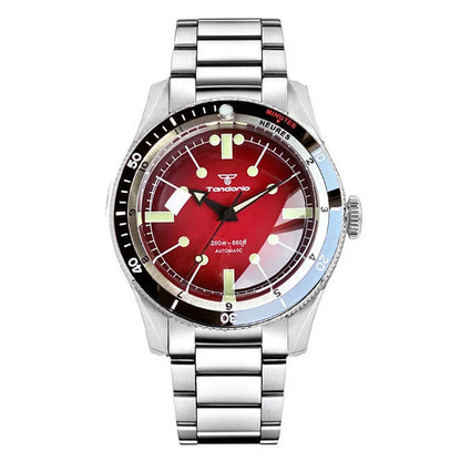 Tandorio NH35A PT5000 Mechanical Mens Watch 20BAR Waterproof Sapphire Luminous Red Black Dial Stainless Steel Bracelet New Clock