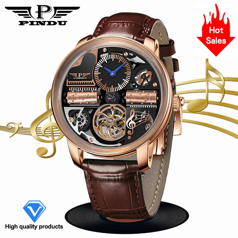 Relógio Automático de Luxo para Homem PINDU Design Music Series 2025 Novo, Movimento Mecânico, Aço Inoxidável, Vidro de Safira, Esqueleto