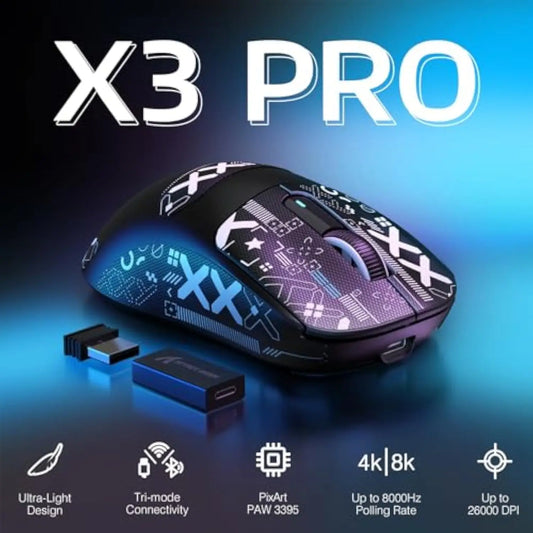 Rato Gaming Sem Fios Bluetooth Attack Shark X3Pro PixArt PAW3395 26000dpi, Rato Ótico com Ligação Tri-Mode e Macros para Gaming
