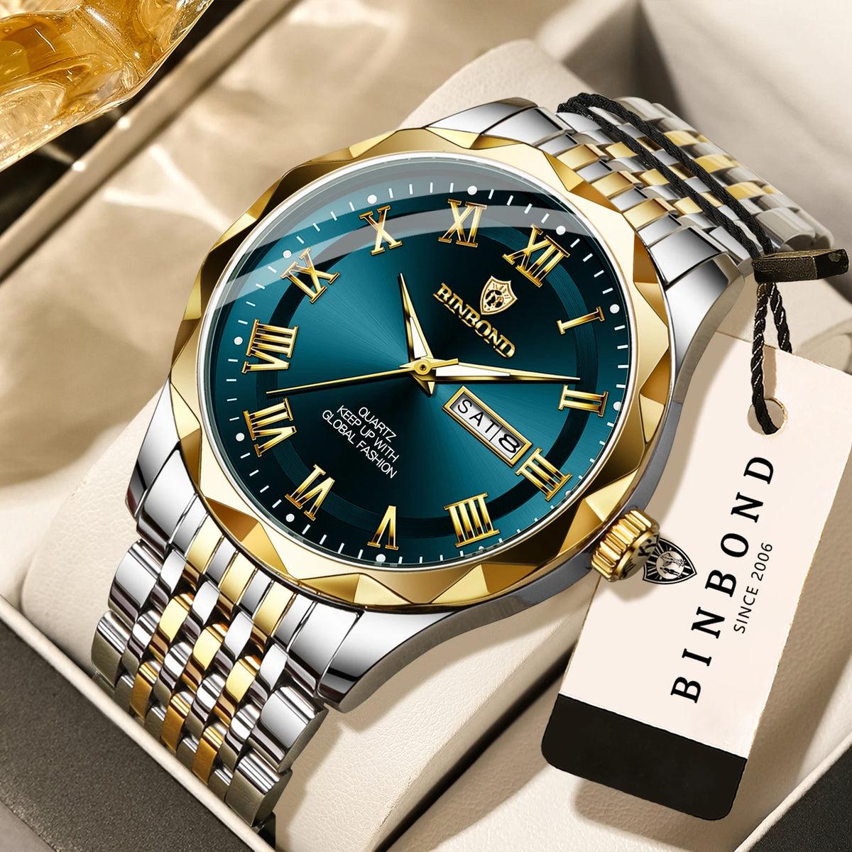 Montre-bracelet de luxe à quartz BINBOND Original Brand pour homme, lumineuse, étanche, date automatique, affichage du jour de la semaine, style décontracté.
