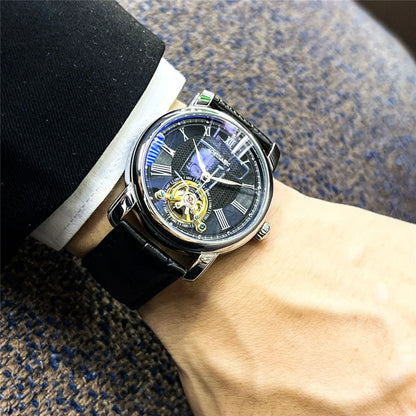 Relógio mecânico automático para homem – Design esqueleto elegante, estilo «business casual» na moda, caixa em liga metálica e bracelete em pele, sem pilha
