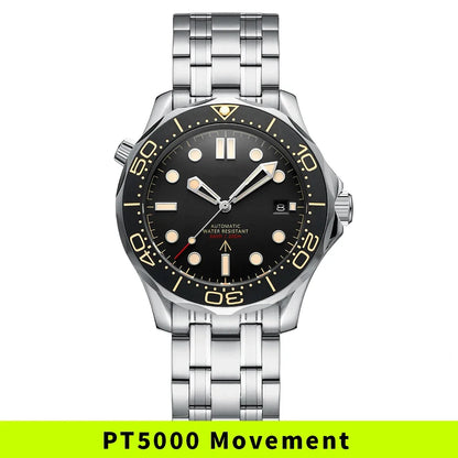 PHYLIDA Black Dial PT5000 MIYOTA Automatic Watch DIVER 200M 007 NTTD Style Sapphire Crystal Solid Bracelet Waterproof 20Bar