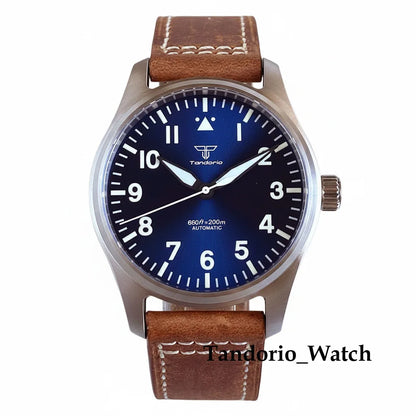 Tandorio 39mm Luxury Pilot Style Automatic Mechanical Men Watch For Miyota 8215 Movement 20ATM Luminous Diver Wristwatch Leather