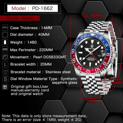2025 New PAGANI DESIGN Luxurys Men Mechanical Watches Stainless Steel GMT Watch Top Brand Sapphire Glass Men for Watch PD-1662