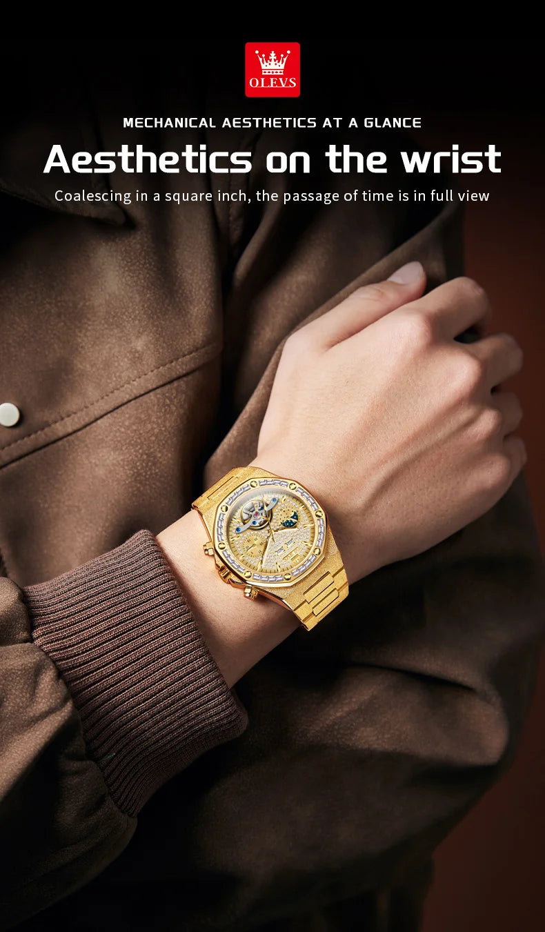 Ceasuri pentru bărbați OLEVS din oțel auriu, ceasuri de lux mecanice automate, ceasuri de mână sport, rezistente la apă, cu tourbillon, Reloj Hombre