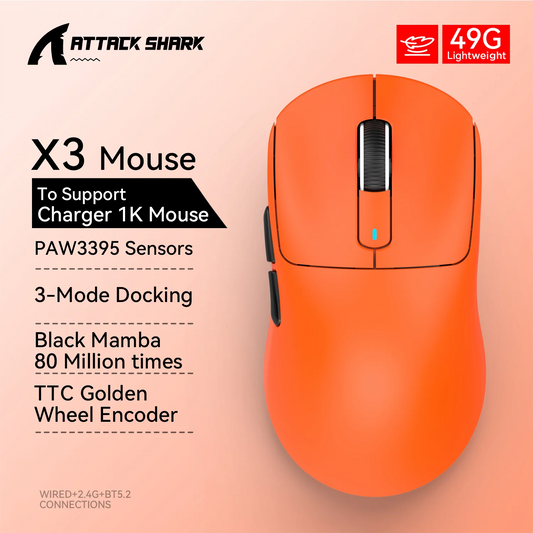 Rato Gaming Sem Fios X3 ATTACK SHARK Vermelho 4K, Ligação Bluetooth Tri-Mode, PAW3395, Rato Gaming Bluetooth com Macro