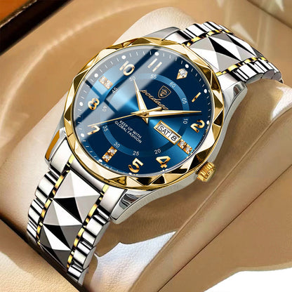 Męski zegarek POEDAGAR Fashion Luxury, wodoodporny, podświetlany, z mechanizmem kwarcowym, bransoletą ze stali nierdzewnej, datownikiem i wskaźnikiem dnia tygodnia, w stylu casualowym.