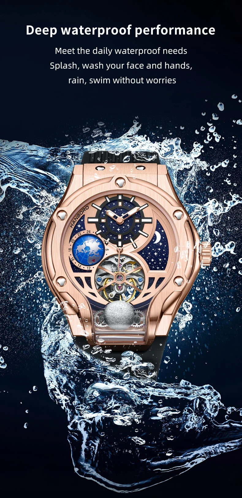 ase Autoy HANBORO Men’s Luxury Automatic Skeleton Watch  Rose Gold Starry Sky Moon Phase Mechanical WristwatchHollow Flywheel Moon Phxury Space Theme Sports Watch 980