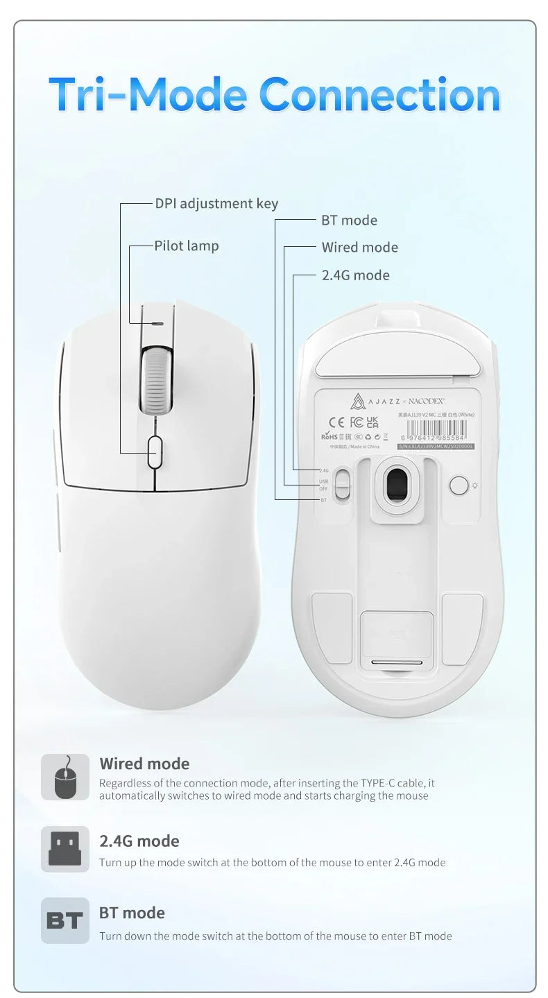 Mouse de gaming wireless AJAZZ AJ139 V2 MC/AJ139 PRO, senzor PAW3311/PAW3395, 12000DPI/26000DPI, 500mAh, mouse Bluetooth pentru PC