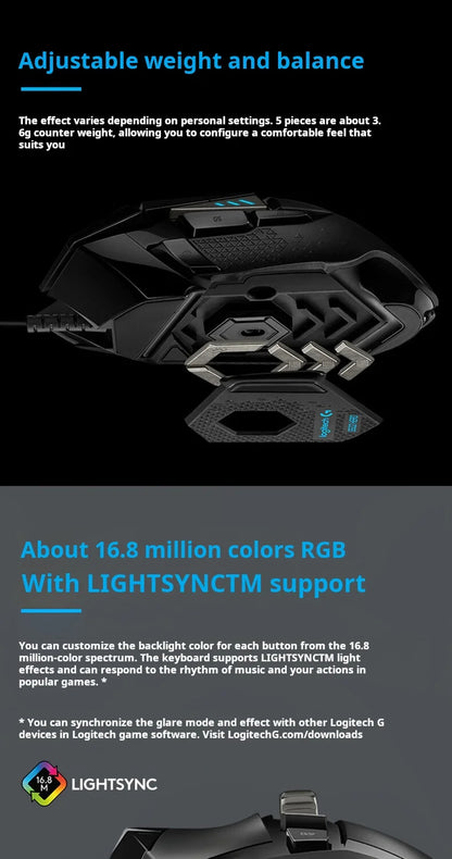 Mouse gaming cablato Logitech G502 HERO per e-sport, mouse meccanico con luce RGB, peso regolabile e macro programmabili per “Chicken Dinner”