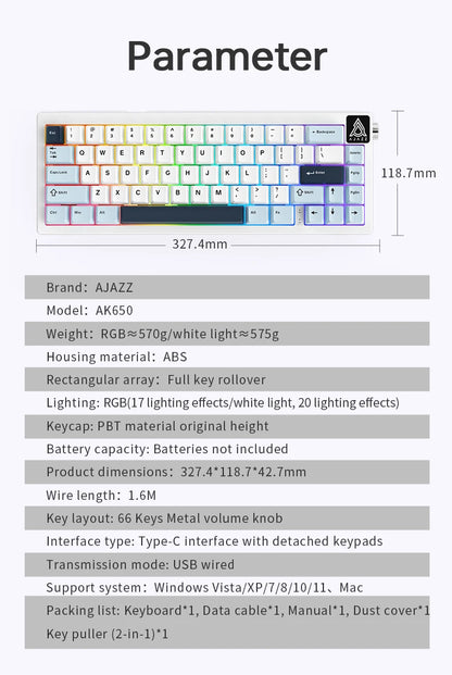 New AJAZZ AK650 Wireless Mechanical Keyboard Bluetooth Triple Mode Customized Game Gasket with Screen Gaming Wired Gift