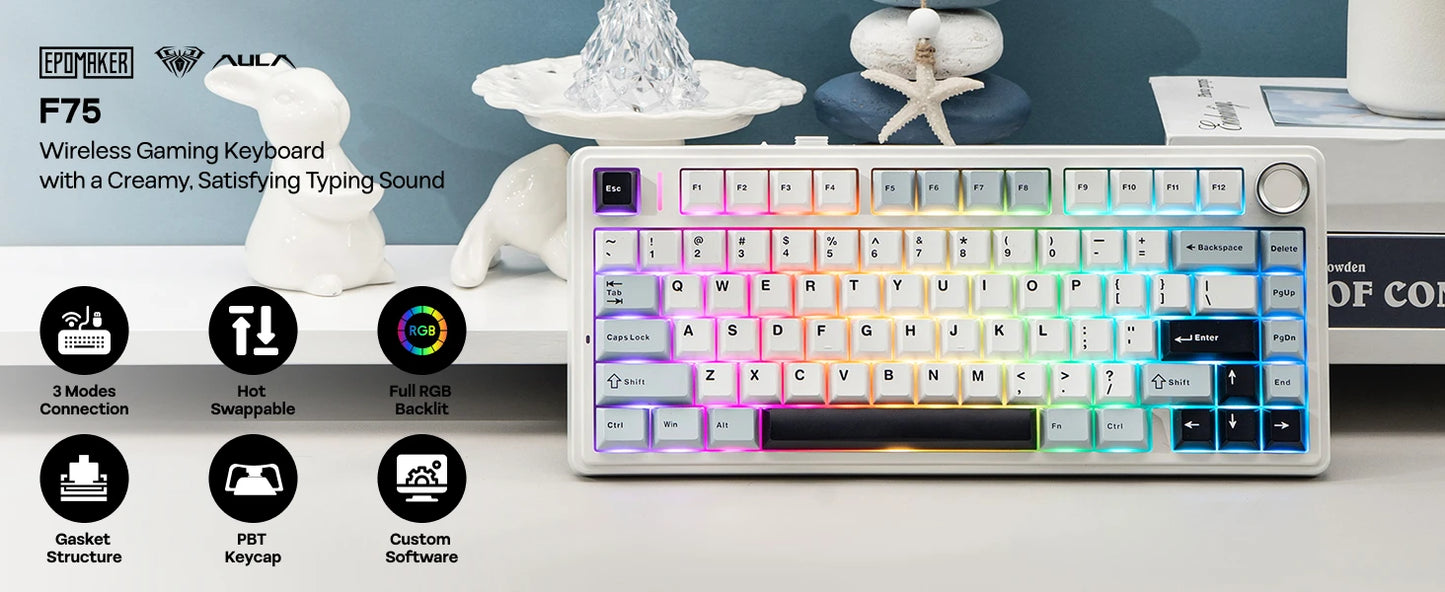 EPOMAKER x AULA F75 75% ANSI Gasket Hot-Swap Bluetooth 5.0/2.4G Wireless/Wired Mechanical Keyboard PBT Keycaps for Win/Mac