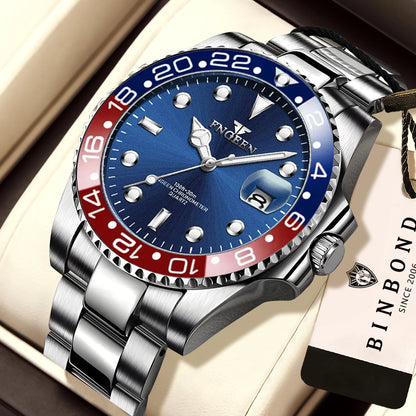 BINBOND FNGEEN Son Brand quartz wristwatch for men, with a stainless steel strap, luminous and water-resistant, luxury.