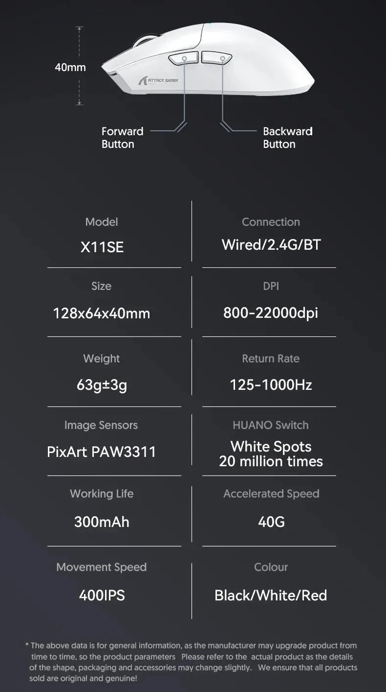 ATTACK SHARK X11SE ultraleichte kabellose Gaming-Maus, 20Millionen Klicks Lebensdauer, PAW3311 Gaming, 22KDPI, 400IPS, 40G, 1KHz, 65 Stunden, 30mAH