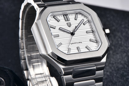 Nuovo orologio di lusso quadrato PAGANI DESIGN 2026 da uomo al quarzo, vetro zaffiro AR, movimento giapponese, luminoso, in acciaio 316L all steel