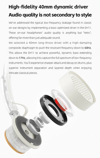 FIIO EH11 On-Ear-Bluetooth-Kopfhörer – Hi-Res LDAC kabelloses Bass-Headset, 30H Akku, Dual-Device-Verbindung & leichtes Retro-Design