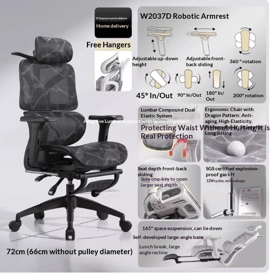 Sedia da ufficio in rete ergonomica con supporto lombare regolabile, girevole e reclinabile, poggiatesta, ruote, per home office e gaming