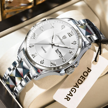 Montre pour homme POEDAGAR, modèle de luxe original, étanche, lumineuse, avec affichage de la date et du jour, style élégant, boîtier en acier inoxydable, mouvement à quartz, idéale pour le travail.