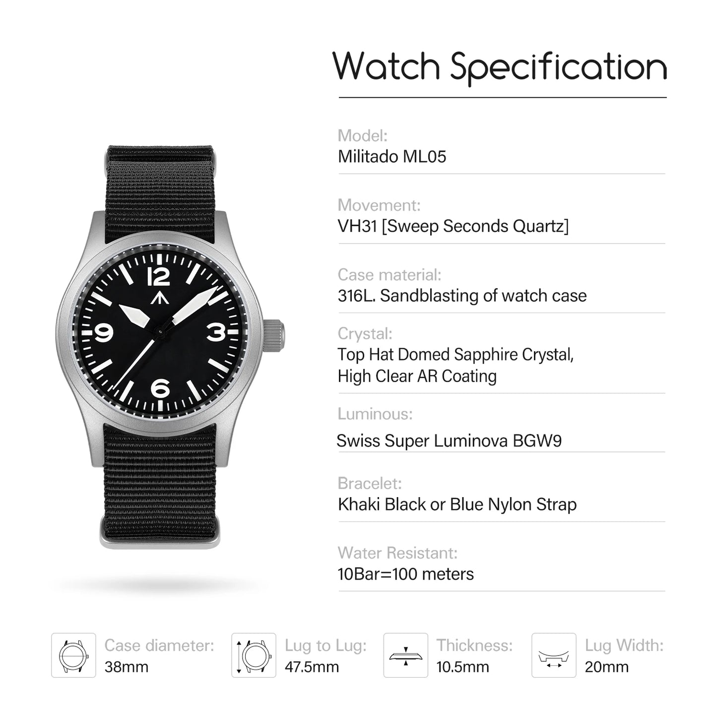 Militado ML05 36912 Watch VH31 Sweep Seconds Movement Dome Sapphire Crystal Watch High Transparency AR Coated 38mm Vintage Watch