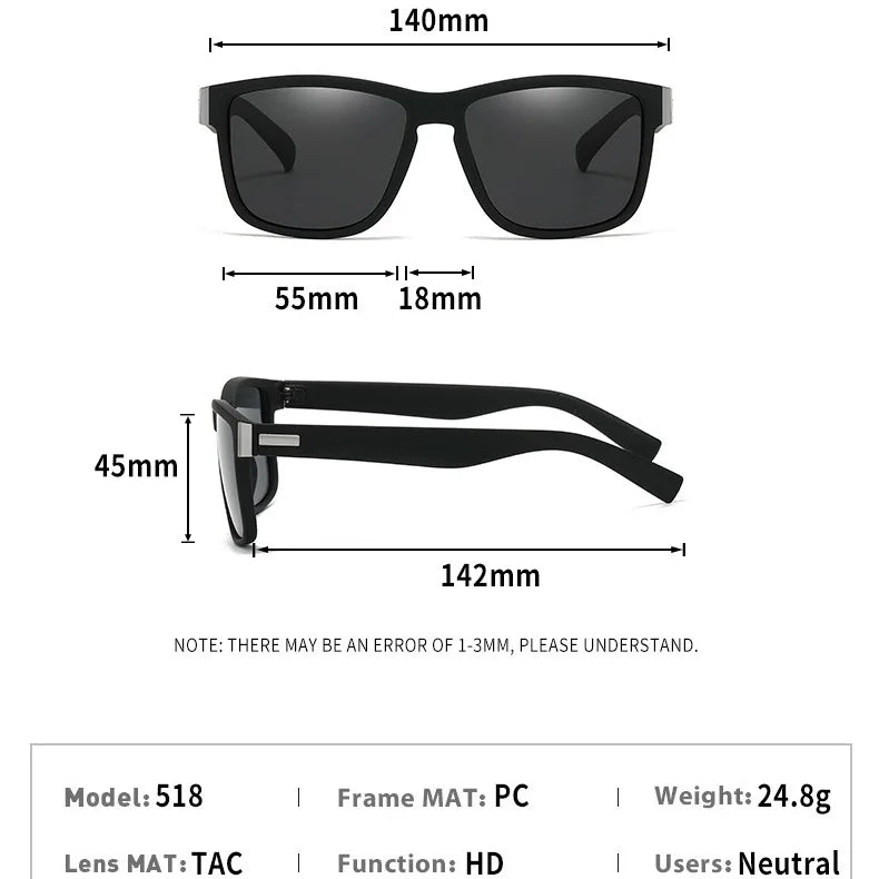 Black Polarized Square Sunglasses Men Women Fashion Classic Driving Shades for Outdoor Sports Cycling Travel Fishing Eyewears