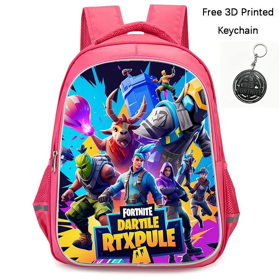 FORTNITE 16-inch Durable Lightweight Backpack, Dual Zipper Pockets, Cartoon Style for Boys & Girls 6-10,Free 3D Printed Keychain