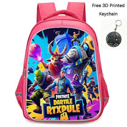 FORTNITE 16-inch Durable Lightweight Backpack, Dual Zipper Pockets, Cartoon Style for Boys & Girls 6-10,Free 3D Printed Keychain