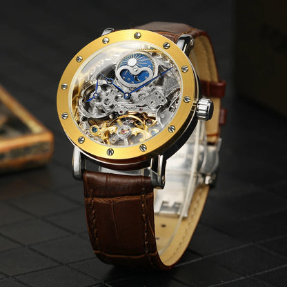 SKROX mekanisk automatisk armbåndsur til mænd, skeletmodel med GMT-funktion, månefase og tourbillon – Elegant og originalt luksusur i topklasse.