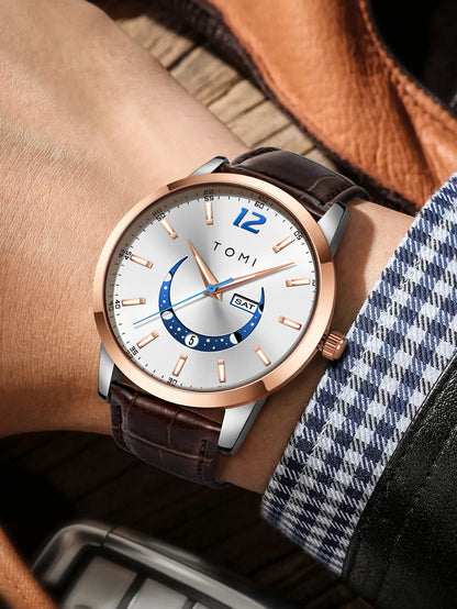 Ceas cu cuarț TOMI, stil business și elegant, cu brățară din piele, carcasă din aliaj și cadran cu ace – Design de înaltă calitate, idee de cadou pentru bărbați