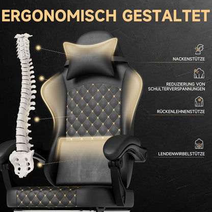 Sedia da gaming ergonomica PINGGO con poggiapiedi e massaggio, in pelle PVC, sedia da ufficio per gaming su PC, portata 150kg