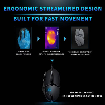 Mouse de gaming Logitech G402 Fusion Engine Tech, 4 setări DPI, procesor pe 32 de biți, antiderapant, pentru gaming competitiv profesional