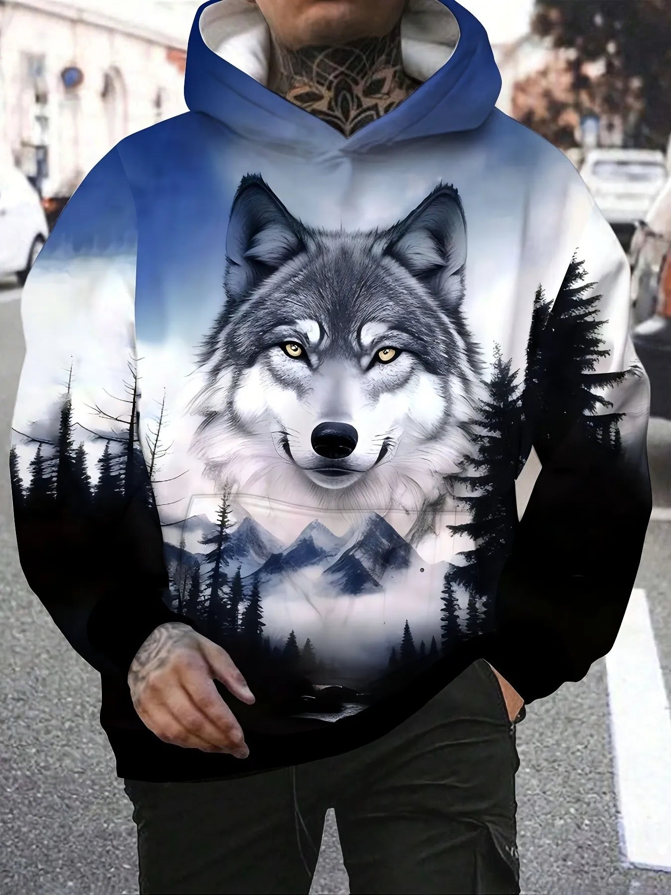 European and American Men's Autumn Fashion Wolf Print Soft and Comfortable Hooded Sweatshirt Outdoor Urban High Street Clothing
