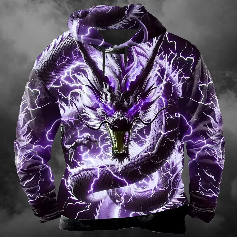 Muška hoodie majica s 3D printom munjevitog zmaja, moderan cool svakodnevni pulover dugih rukava u streetwear stilu, jesensko-zimski trenirka kaput