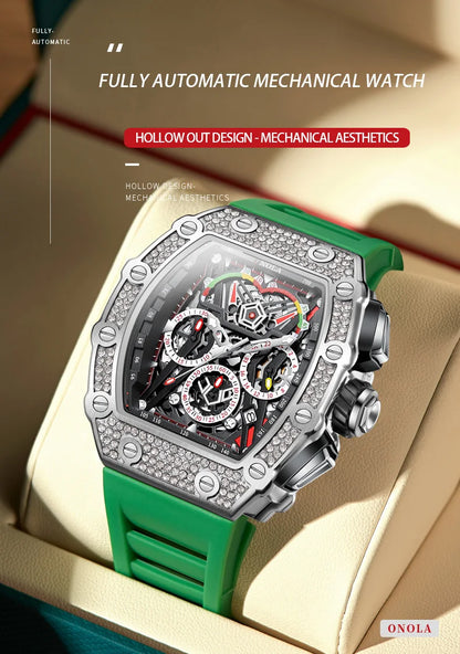 ONOLA Luxury Diamond Mechanical Wristwatches Fashion Sports Square Date Waterproof Automatic Man Watch Men Military Watch Clock