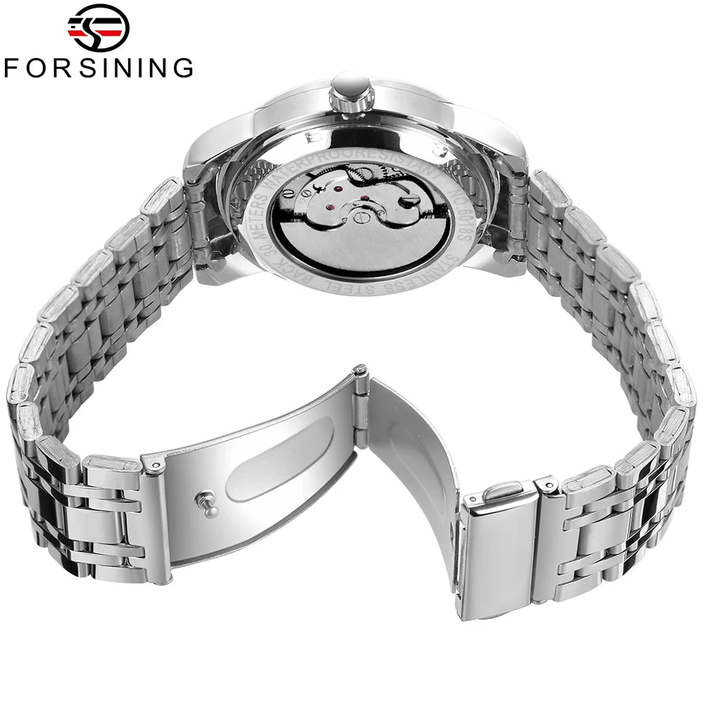 Ceas mecanic automat pentru bărbați Forsining – Stil de lux, business și fashion, brățară metalică, tourbillon, ace luminescente, împodobit cu diamante artificiale