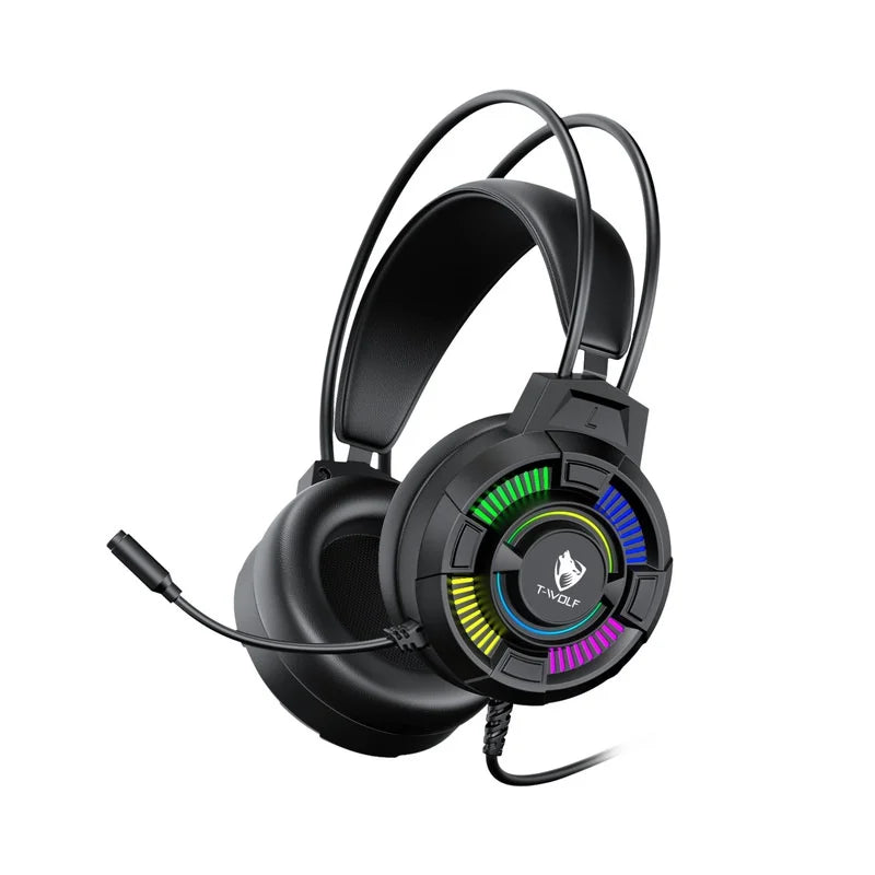 Casque de jeu T-Wolf H140, filaire, éclairage LED RVB, son surround 7.1, casque supra-auriculaire avec micro pour PC, ordinateur portable, joueurs sur ordinateur de bureau