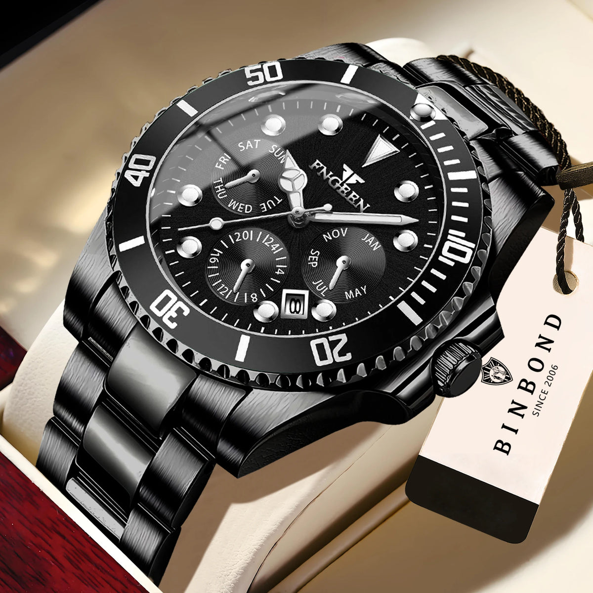 Luksusowy męski zegarek kwarcowy marki BINBOND, precyzyjny, z automatyczną datą, podświetlany, wodoodporny, idealny do uprawiania sportu, pracy i wypoczynku. Wytrzymały i trwały.