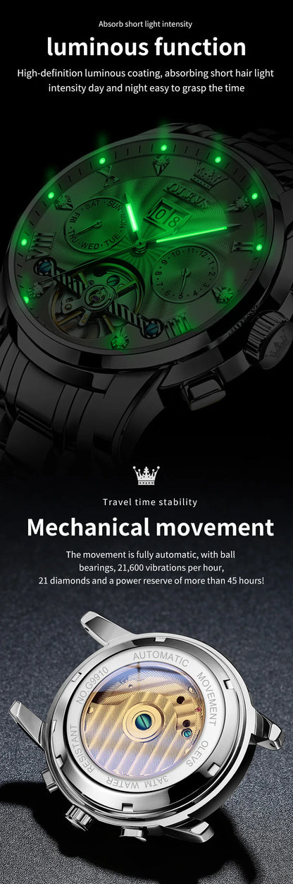 OLEVS Men's Watches 9910 Luxury Fashion Original Automatic Mechanical Watch for Man Waterproof Luminous Hollowed Out Movement