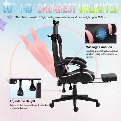 Silla gaming cute con orejas de gato, reposapiés rosa kawaii, silla de ordenador ergonómica de respaldo alto para gamers con soporte lumbar de pata de gato