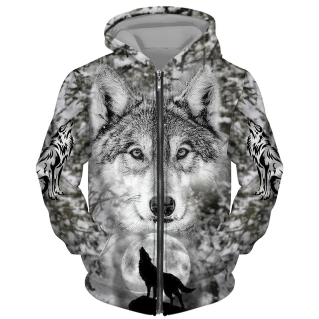 3D Wolf Print Men's Zipper Hoodies Fashion Animal Pattern Top Coat Street Punk Style Oversized Sweatshirts Outdoor Leisure Jackets