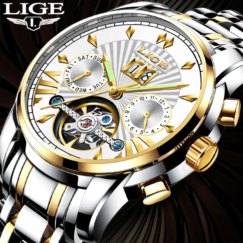 Relógios de pulso mecânicos automáticos para homem LIGE – Relógio de luxo de gama alta com turbilhão, modelo elegante e estanque, ideal para o trabalho ou ocasiões formais.