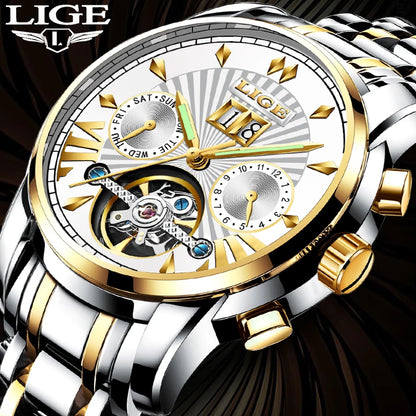 Relógios de pulso mecânicos automáticos para homem LIGE – Relógio de luxo de gama alta com turbilhão, modelo elegante e estanque, ideal para o trabalho ou ocasiões formais.