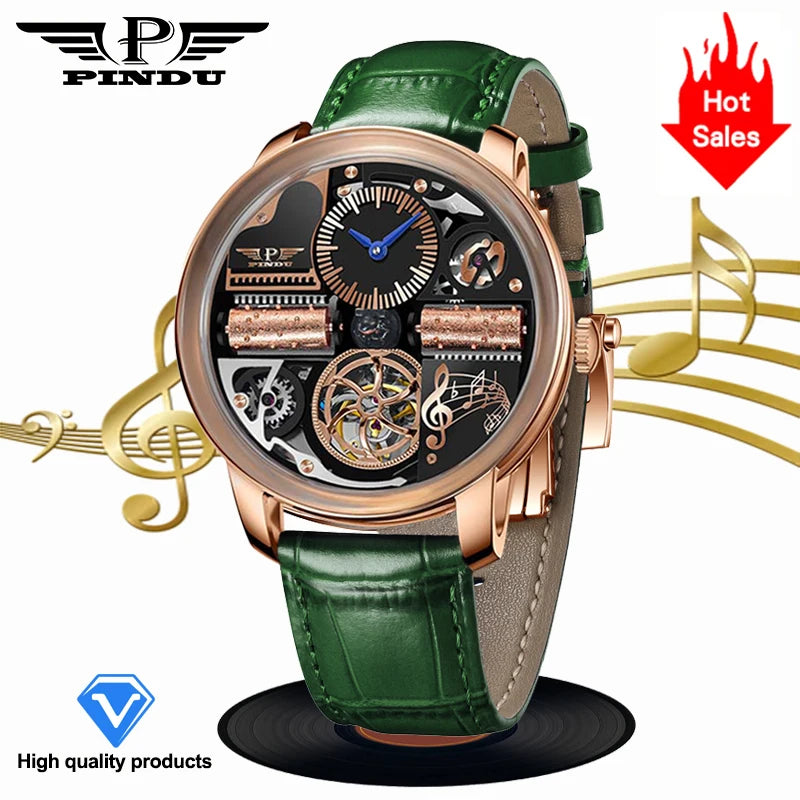 Relógio Automático de Luxo para Homem PINDU Design Music Series 2025 Novo, Movimento Mecânico, Aço Inoxidável, Vidro de Safira, Esqueleto