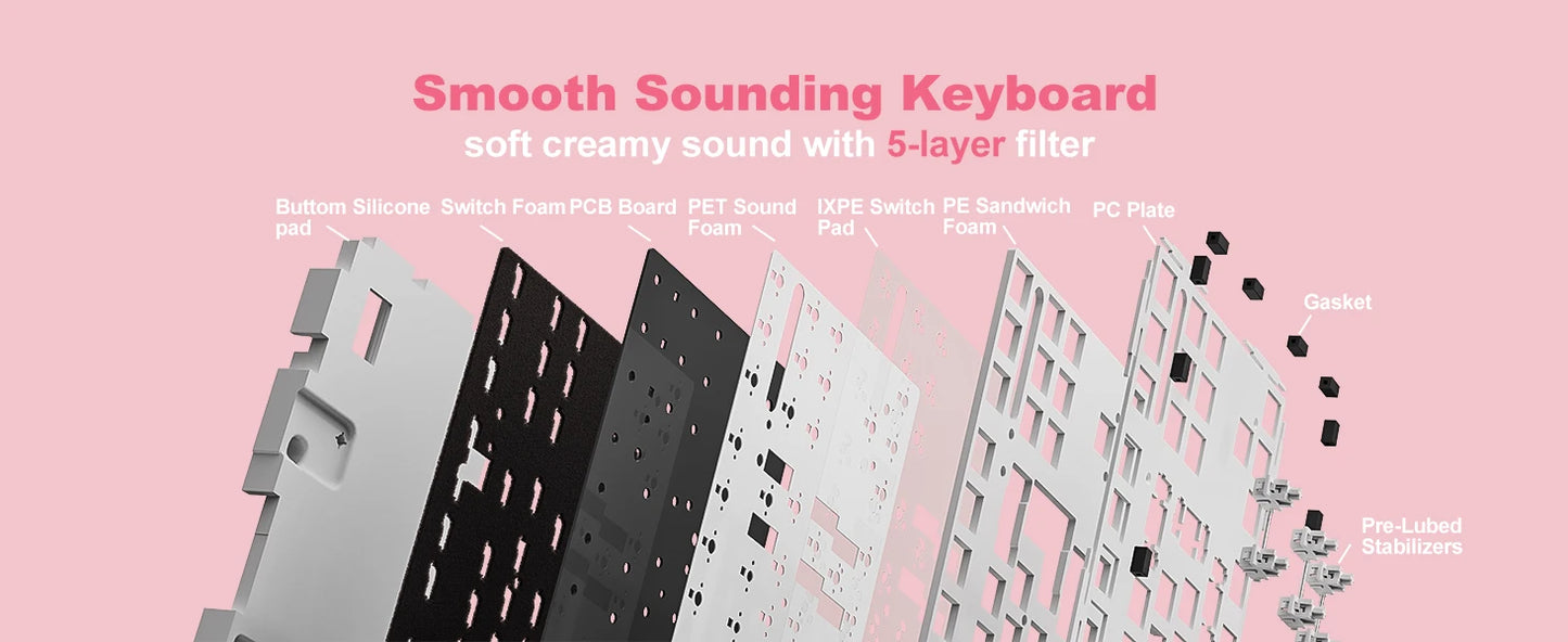 YUNZII B87 Pink Mechanical Gaming Keyboard, QMK/VIA Custom Gasket RGB Keyboard, Wireless Aesthetic Keeb, Wrist Rest for Win/Mac