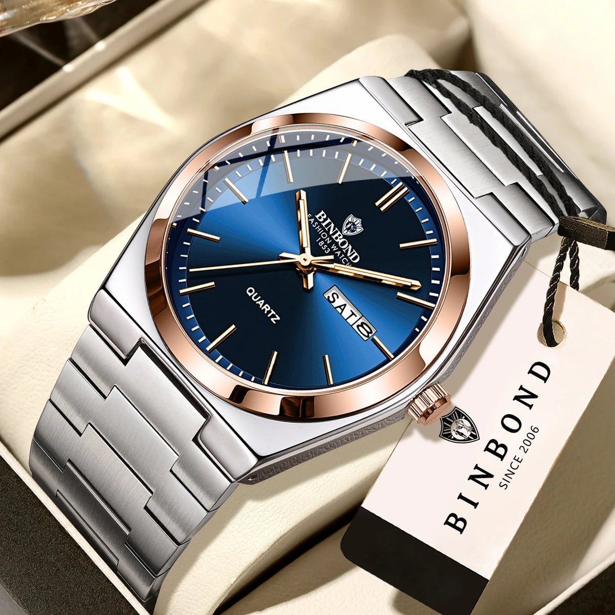 Relógio de pulso de luxo BINBOND com movimento de quartzo, luminoso, estanque, com indicação do dia da semana e data automática, bracelete em aço, estilo empresarial, desportivo, moderno e casual.