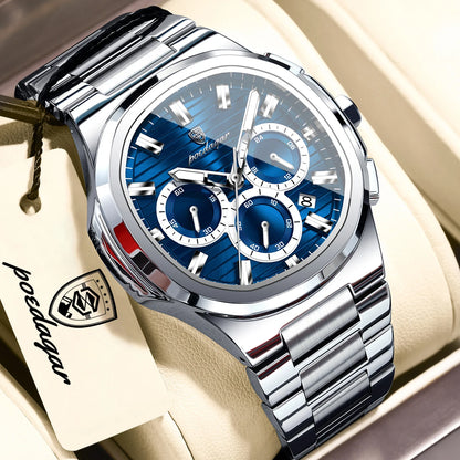 POEDAGAR Men’s Luxury Stainless Steel Quartz Watch  Waterproof Chronograph with Luminous Dial & Date
