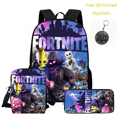 Conjunto de mochila infantil 3 peças, mala a tiracolo e estojo, mala FORTNITE com desenhos, leve para meninos e meninas dos 5 aos 10 anos, porta-chaves 3D impresso grátis