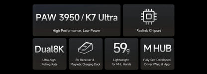 MCHOSE K7 Ultra bezdrátová herní myš PAW3950, duální frekvence dotazování 8K, lehká konstrukce, magnetický bezdrátový nabíjecí dok, e-sport a kancelář
