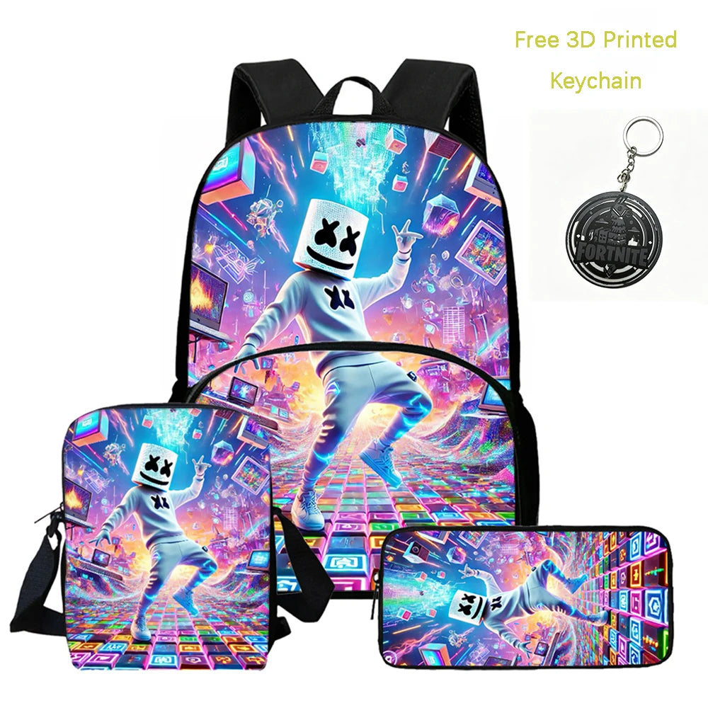 FORTNITE 3-Piece Lightweight Backpack Set with Front Pocket, Crossbody Bag & Pencil Case for Ages 5-9 Boys and Girls, Includes Free 3D Printed Keychain